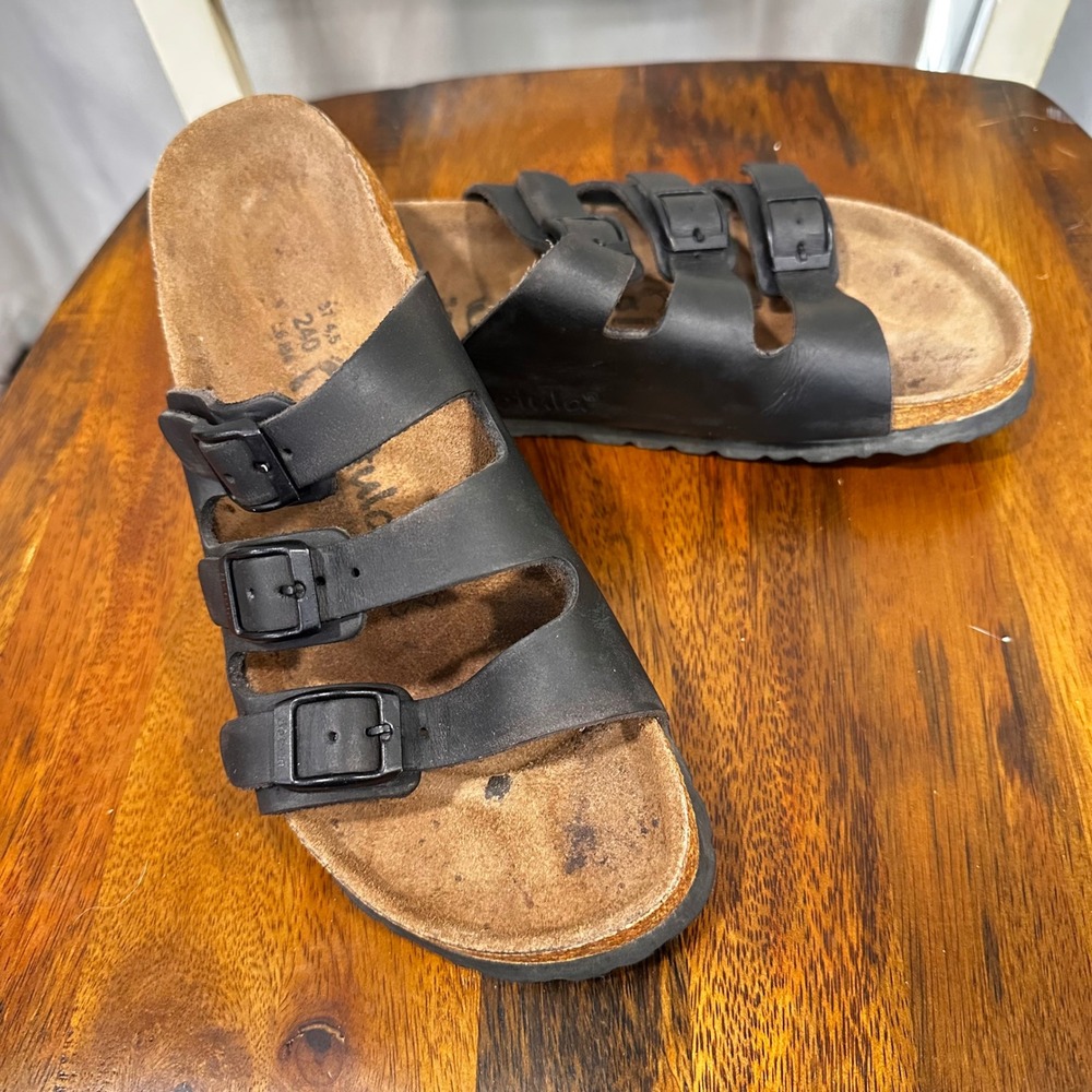 Betula Luca Sandals Women 37 6.5‎ Black Triple Strap Slide Birkenstock Licensed